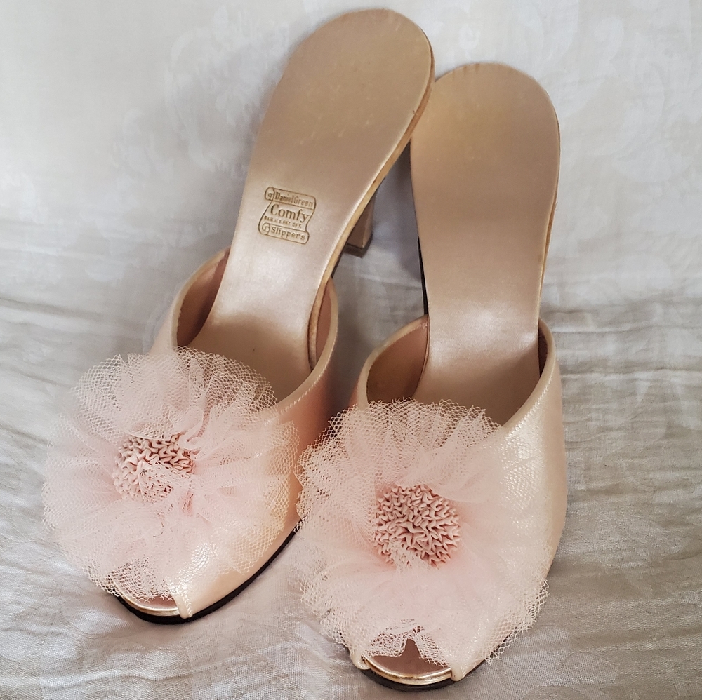 Vintage Daniel Green Satin Slippers Boudoir Heels